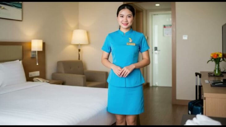 Vietnamese female hotel attendant in leotard　ベトナム人女性のホテル客室係はレオタード姿です